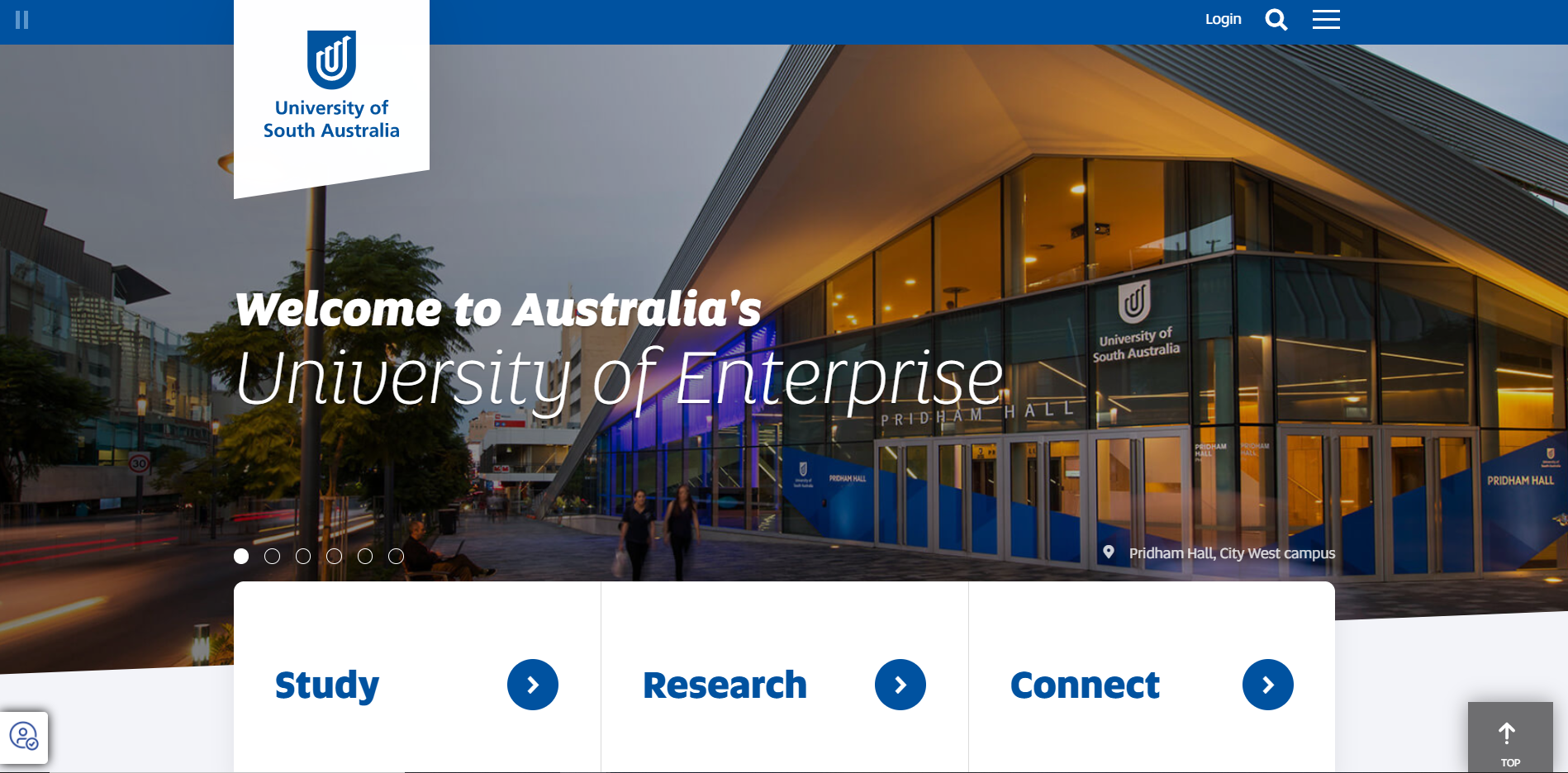 UniSA website, with menu and image of building